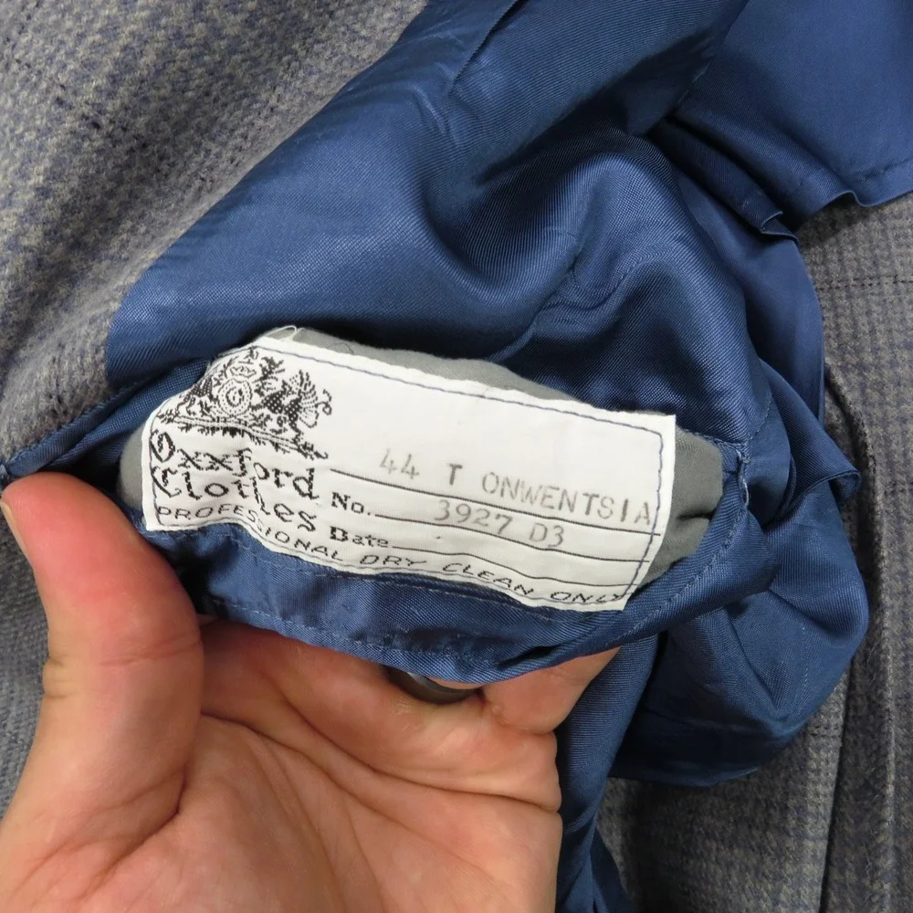 Oxxford Clothes Blazer 44L Super 100s Wool Windowpane Sport Coat Gray Mens